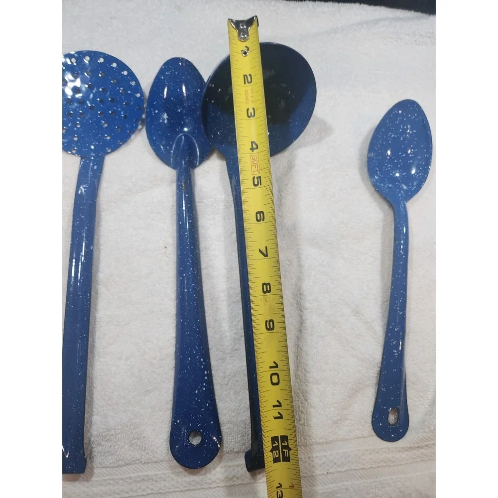 Vintage~Enamel lot~chuckwagon~blue metal splatterware~Skimmer~ Ladle~2 Spoons